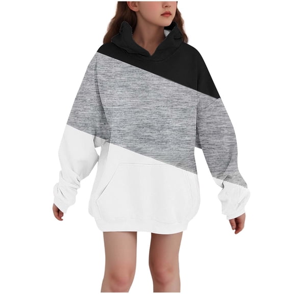SERTG Kids Spliced Color Hooded Fashion Casual Hooded Long Sleeved Sweatshirt with Pockets Fall Winter Top Hooded Sweatshirt for Girls 3-14 Years(Black,11-12 Years)