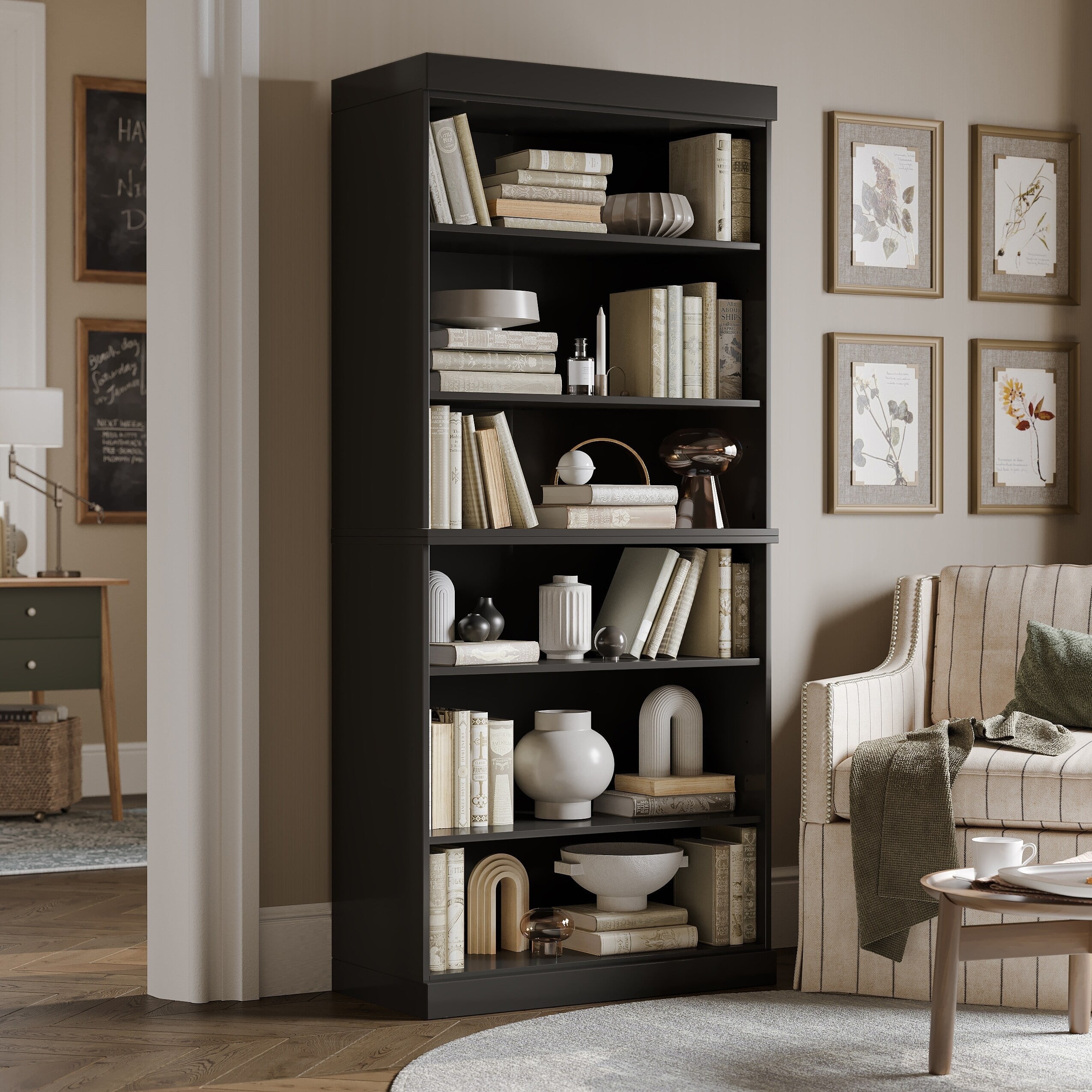 Solid Wood Bookcase - Stackable Modular 6 Tier Bookshelf - 71.5" Tall x 32" Wide - Black Book Shelf w/ Adjustable Shelves, Open Display Book Case for Living Room, Office, 100% Eco-Friendly Wood