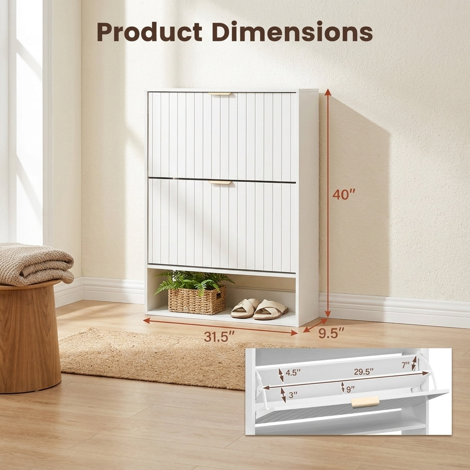 Furnibear Fluted Hidden Shoe Cabinet with 2 Flip Drawers and Open Storage for Entryway Hallway and Foyer Narrow Shoe Storage Organizer, White