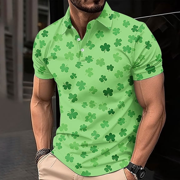 Jinhomg Mens Big and Tall Shirts Funny St. Patrick's Day Shamrock Print Polos Shirt Casual Loose Fit Short Sleeve Button Lapel Tennis Shirt Holiday Gift Multicolor XXL