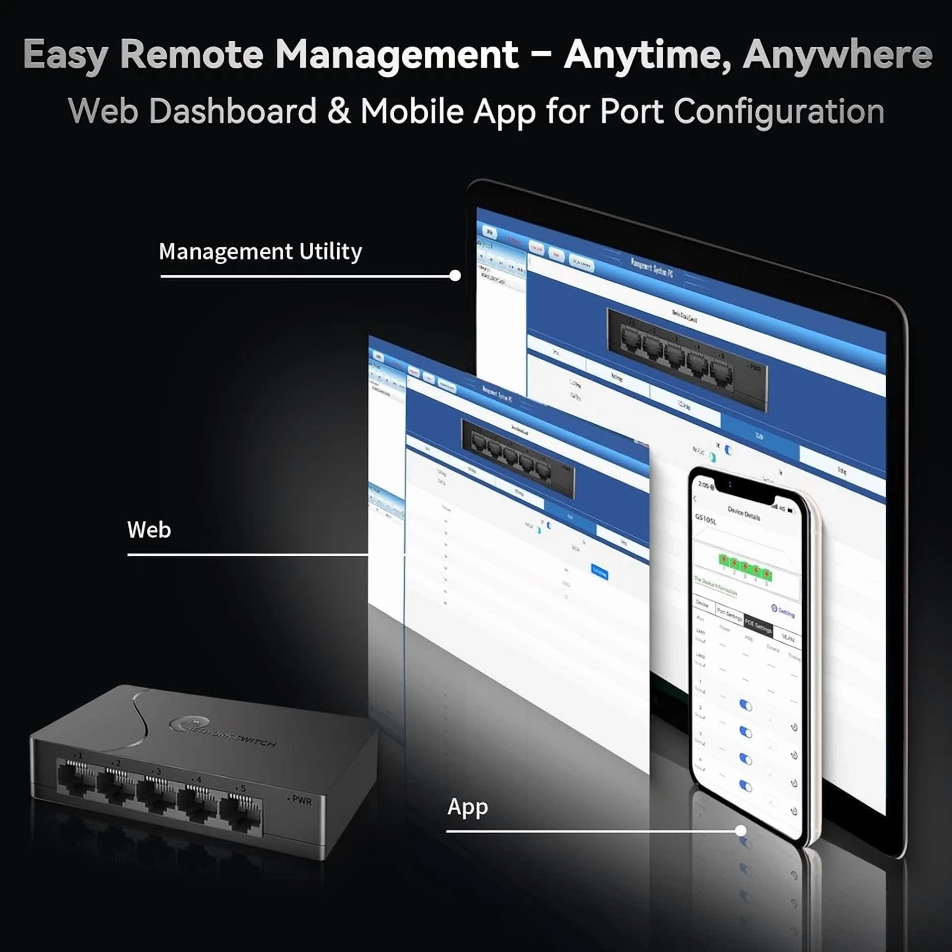 CRESTIN- 5 Port Gigabit Ethernet Switch Smart Managed Hub Splitter Vlan Qos Plug & Play