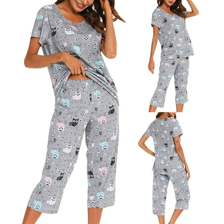 

HGWXX7 Women s Sleepwear Ma am Summer Round Neck Suit Pajamas Short Sleeve L