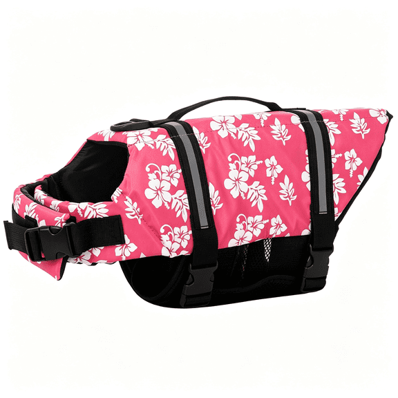 GJX Dog Life Jacket Adjustable Dog Lifevest Swimsuit Safety Vest Apparel Lifesaver Coat for Small Large Cats Puppy Kitty with Handle Reflective for Swimming and Boating Pink Flower Xxs