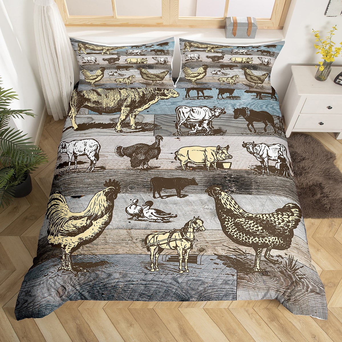 Retro Farm Animal Bedding Set King Rustic Farmhouse Comforter Cover For