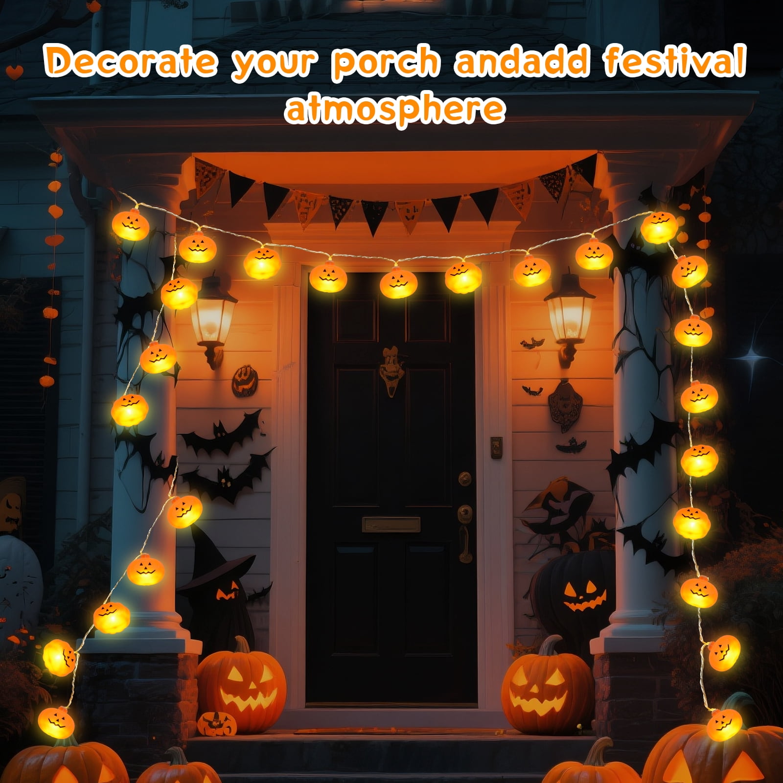 Qoosea Halloween String Lights 14.8ft 30 LED Pumpkin Latern Outdoor Indoor Decoration Orange Holiday Bulbs 8 Modes Battery Operated