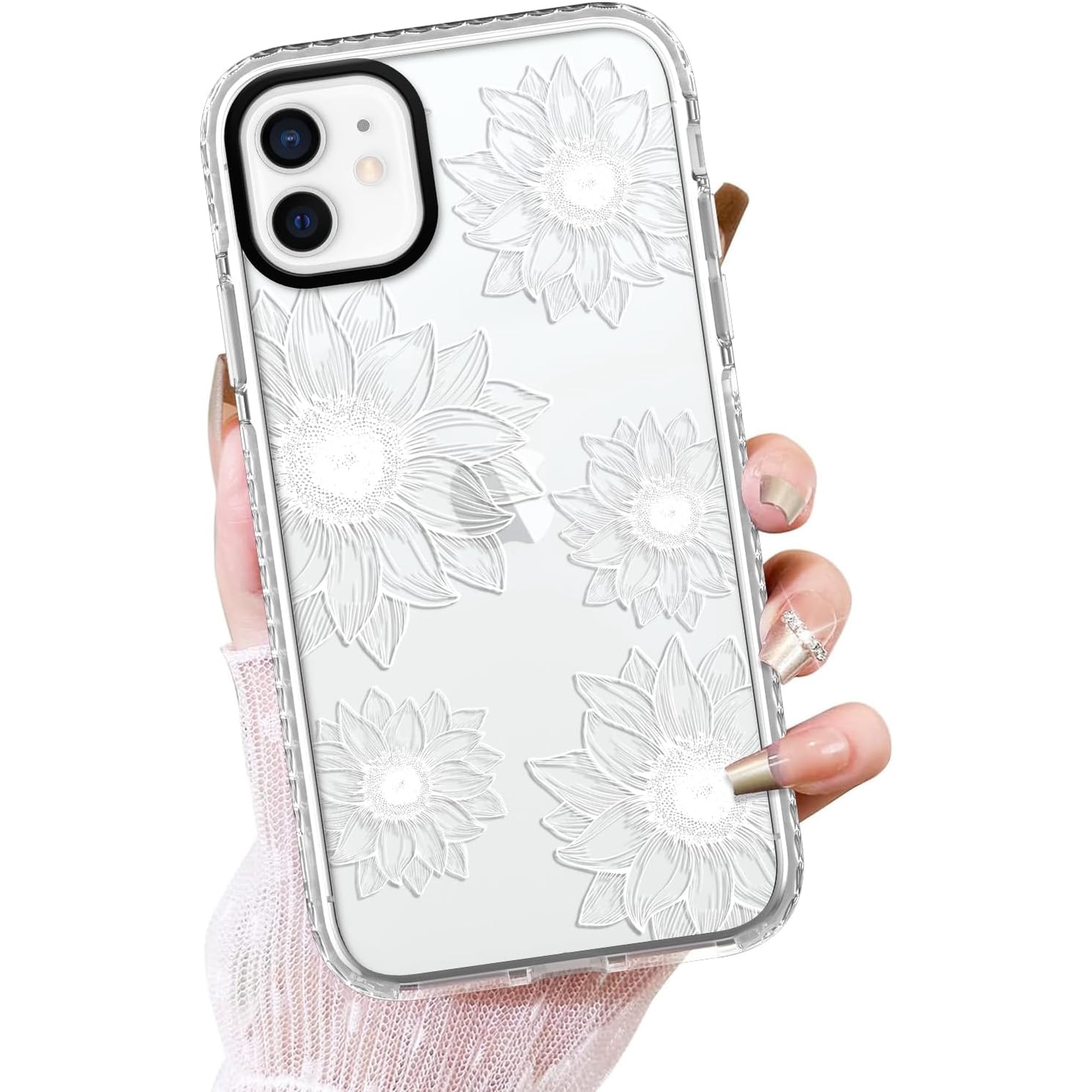 Clear case for iPhone 11, Cute Sunflower Floral Blooms Design Soft TPU Shockproof Protective for Women Girls Slim Phone Cover - White Flower