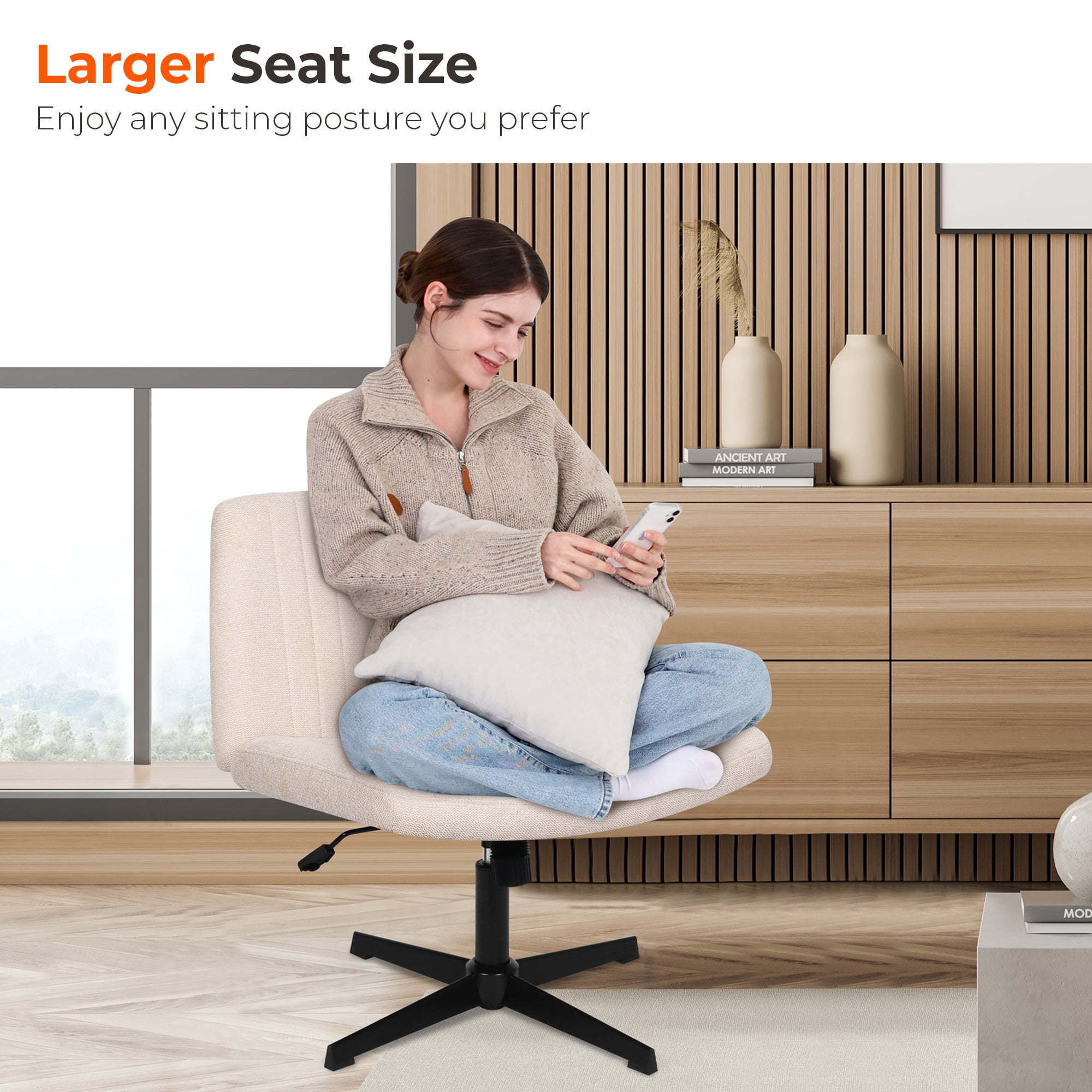 NEO CHAIR Criss Cross Chair No Wheels Armless&nbsp;Comfy Desk Chair Wide Vanity Makeup&nbsp;Cross Legged Office Adjustable Computer Task for Home Office Fabric (Beige)