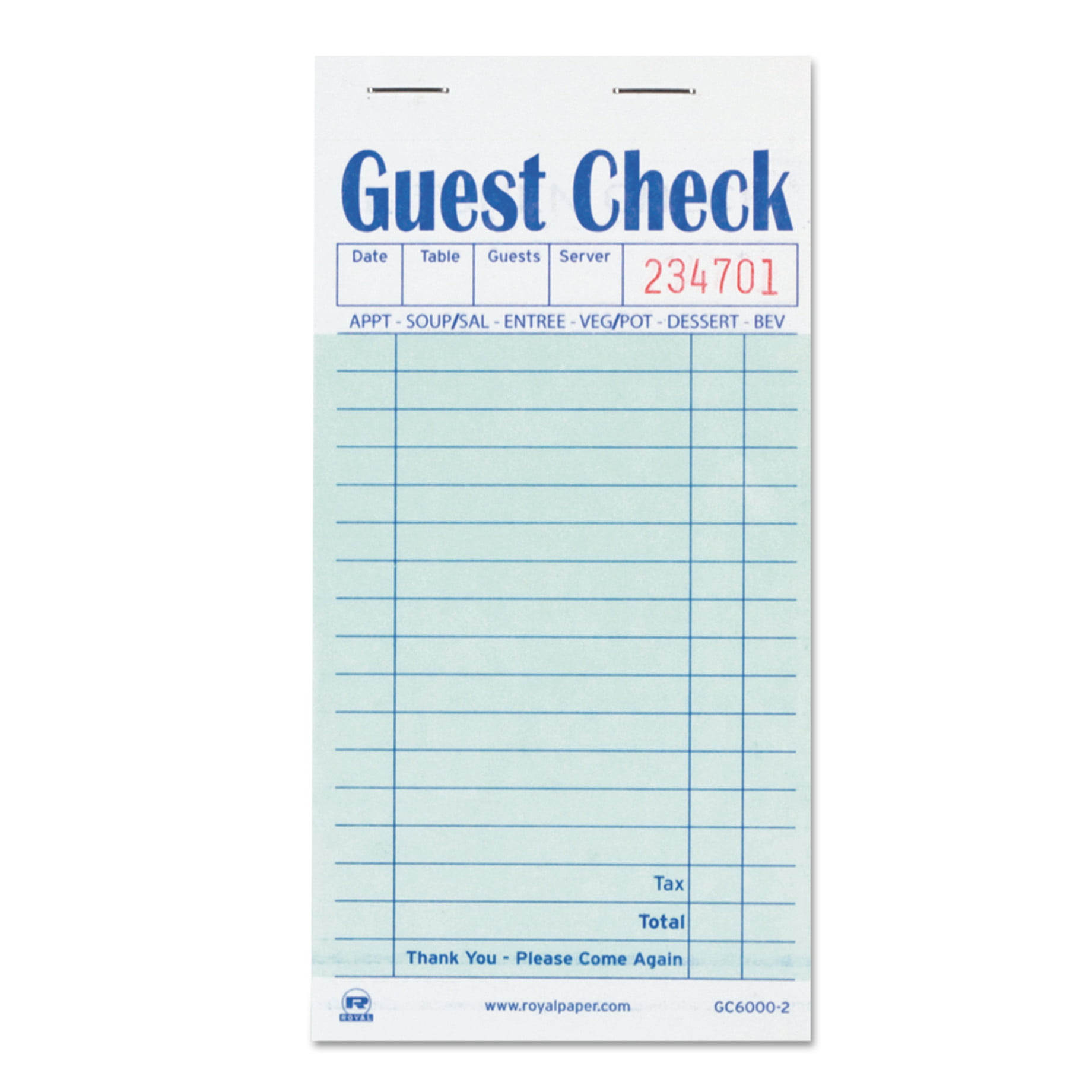 20 pk Adams 1-Part Guest Check with Stub 50 Checks book Receicpt SA5450A New 