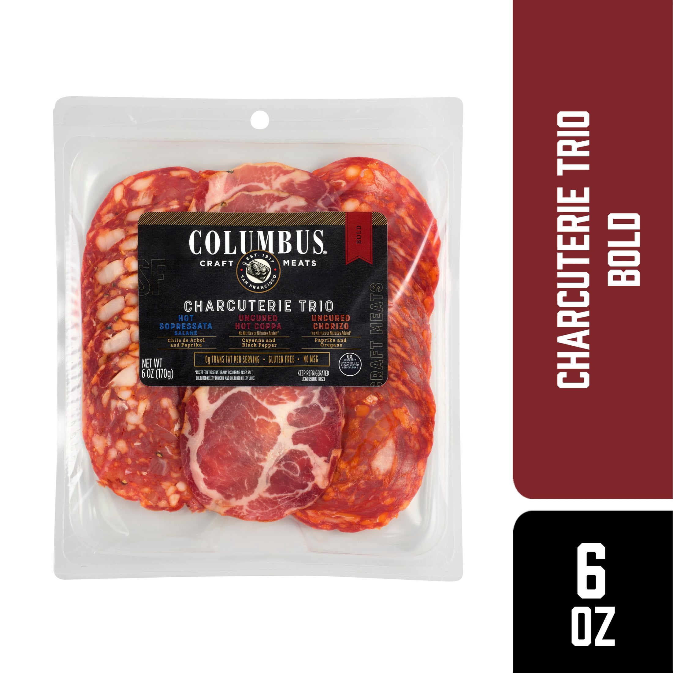 Columbus Charcuterie Trio Bold Snack Pack with Soppressata, Hot Coppa, and Chorizo, 6oz