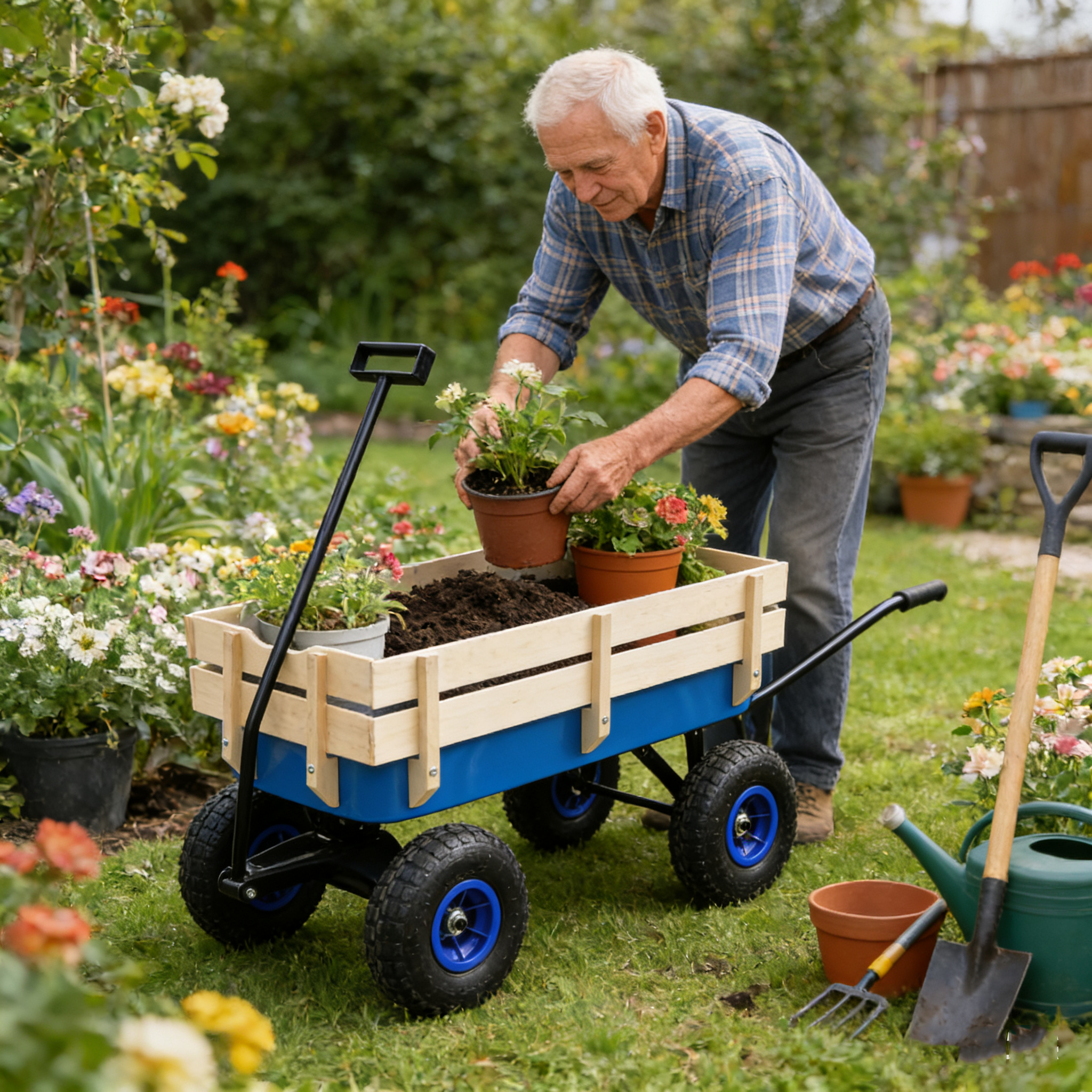 Outdoor Wagon All Terrain Pulling Wood Railing Air Tires Garden Cart