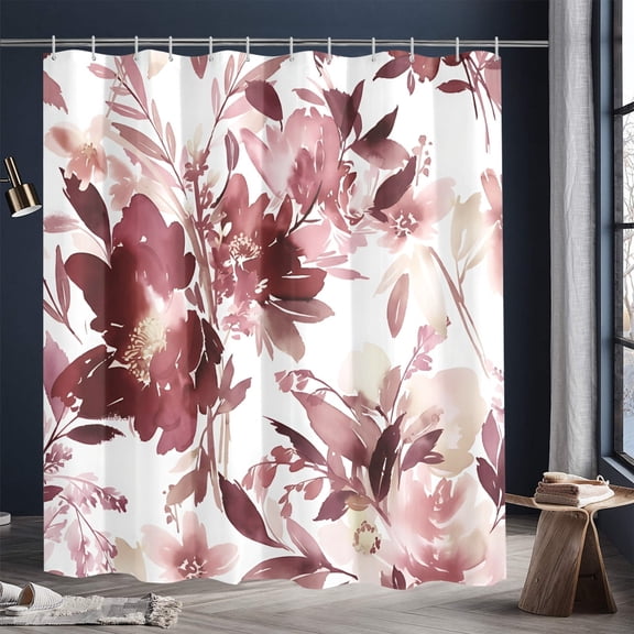 Extra Long Burgundy Red Floral Shower Curtain, Watercolor Flower Shower Curtain for Bathroom, Modern Abstract Ink Decorative Fabric Shower Curtain Set with Hooks 72x84
