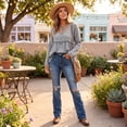 thumbnail image 6 of Boho Western Fringe Long Sleeve Tshirt for Women Fall V Neck Raw Hem Casual Gauze Top Gray M, 6 of 7