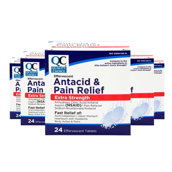Quality Choice, Extra Strength Effervescent Antacid & Pain Relief Tablets, Relief from Acid Indigestion, Upset Stomach, Heartburn, 24 Tablets - 5 Pack