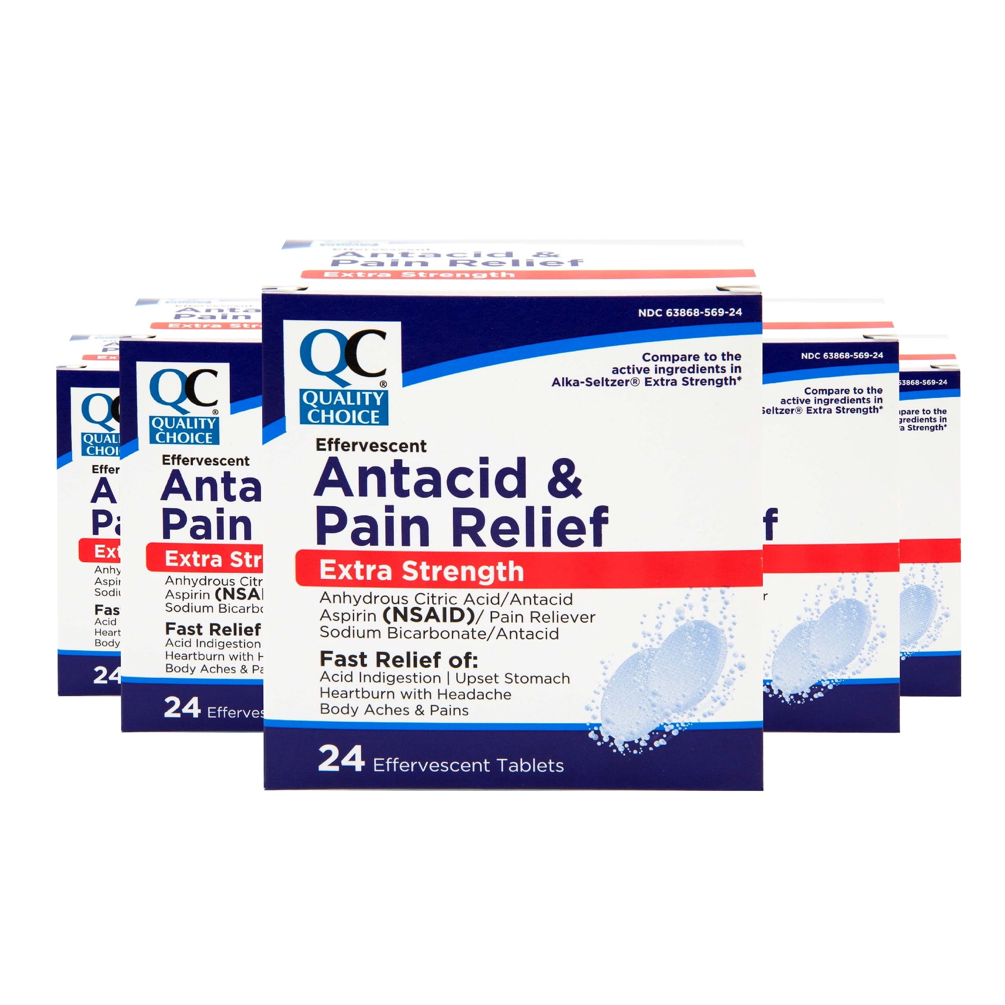 Quality Choice, Extra Strength Effervescent Antacid & Pain Relief Tablets, Relief from Acid Indigestion, Upset Stomach, Heartburn, 24 Tablets - 5 Pack