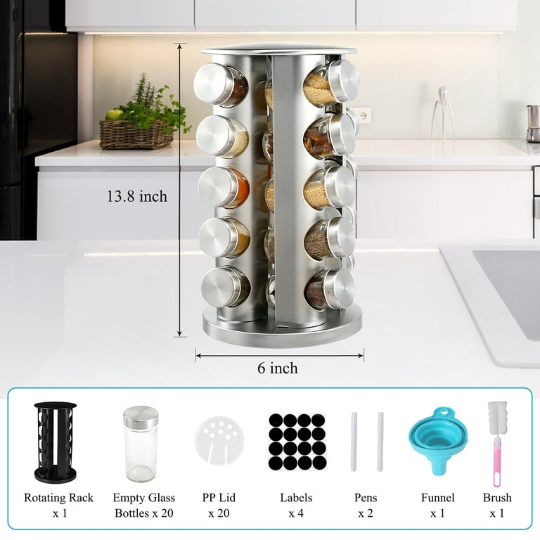Rotating Spice Rack with 20 Blank Glass Jars Set - Stainless Steel Standing Seasoning Spice Jar Storage Organizer for Kitchen Countertop (Silver)