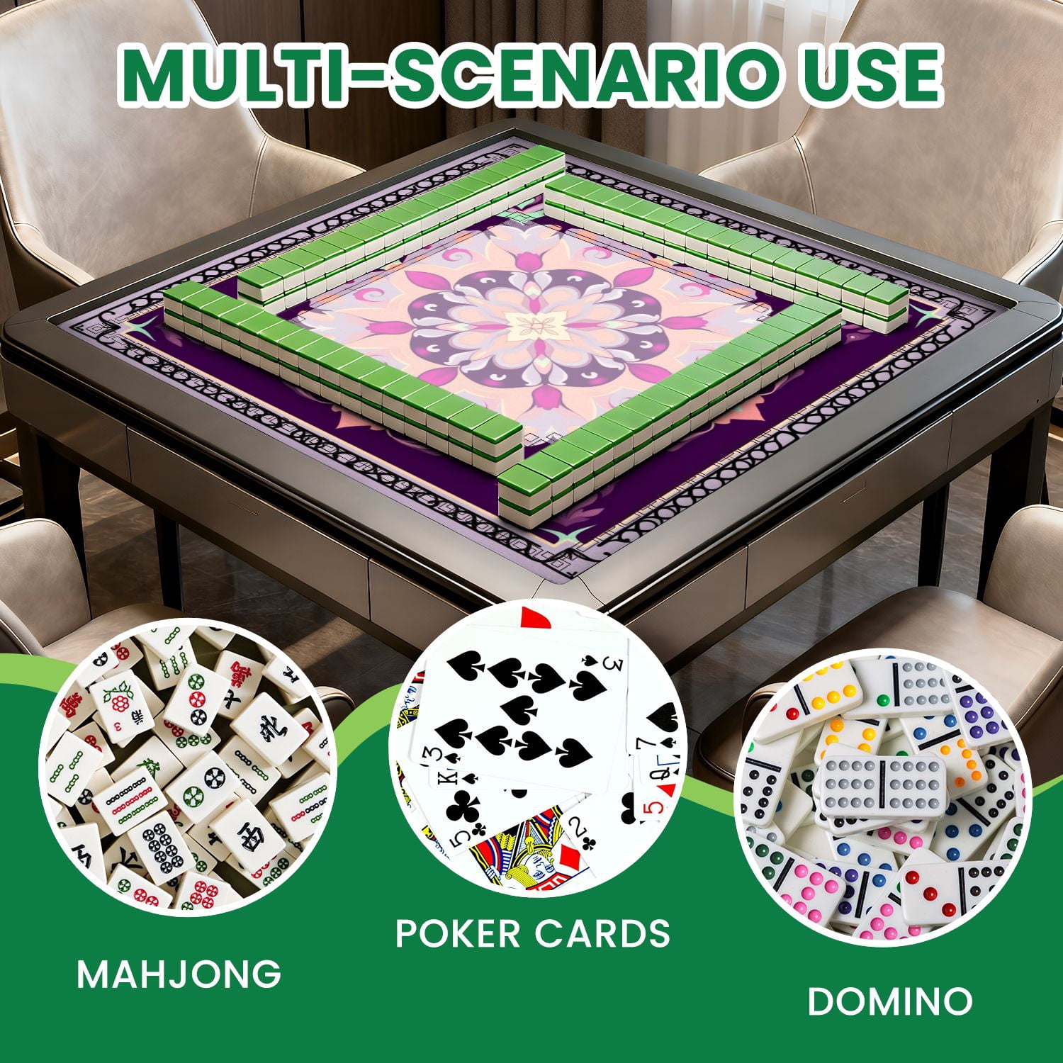 Mahjong Mat 31.5" x 31.5" Ornamental Floral Mandala Purple Pink Pastel Accents Non-Slip Noise Reduction American Mahjong Tiles Table Cover for Dominoes Poker Card Board Games Gift