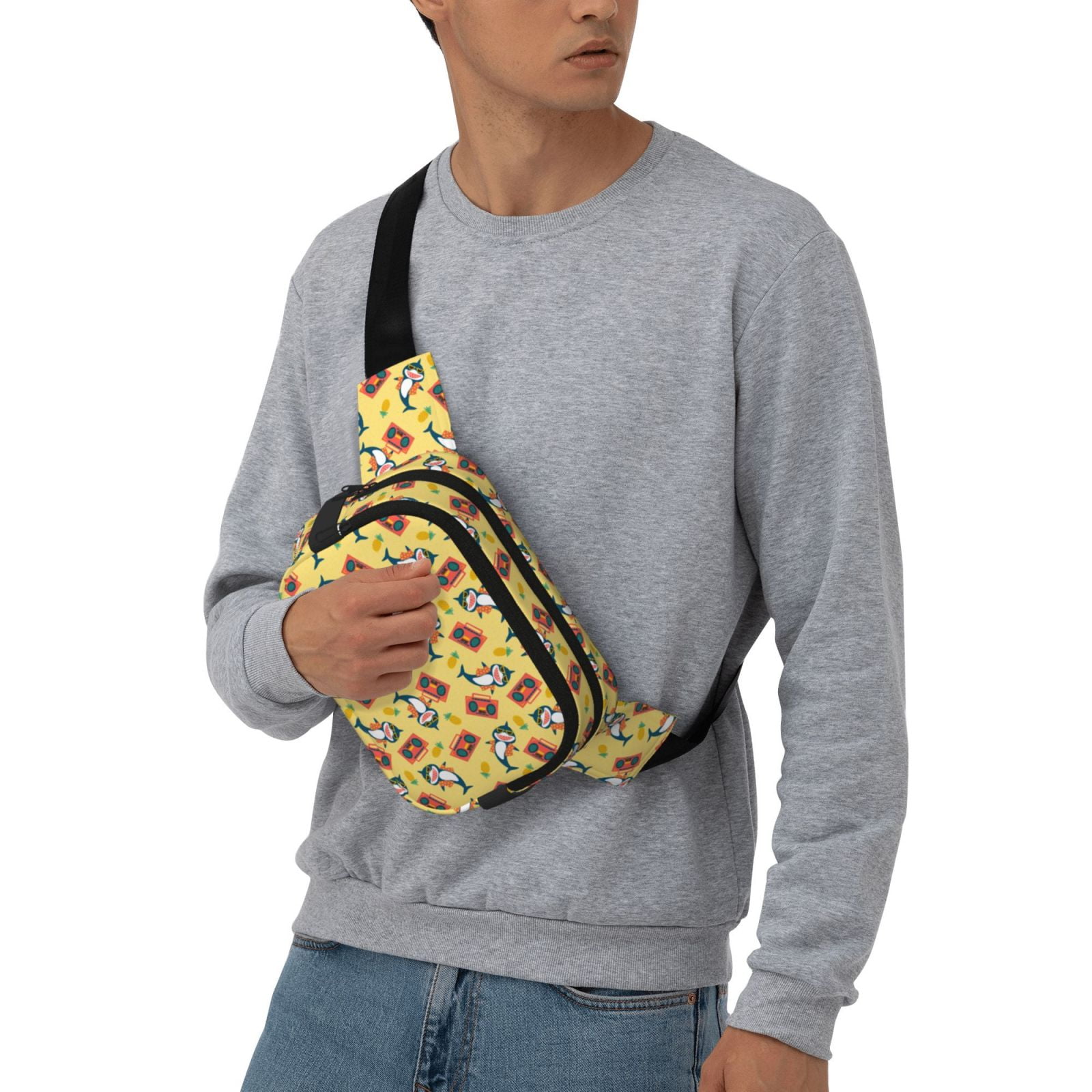 Picia Pineapples Sharks In Hawaiian Print Square Double-Layer Waist Bag Mini Adjustable Waist Belt Bag Exercise Running Travel Hiking