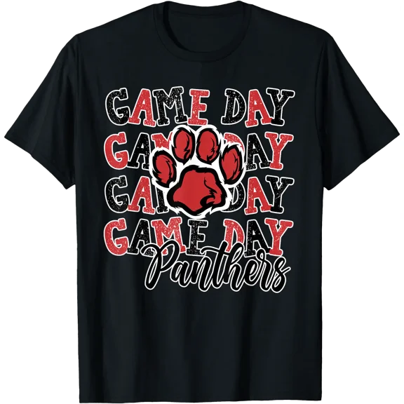 Game Day Red Black Panthers Paw School Spirit Mascot T-Shirt , Vintage T-Shirt