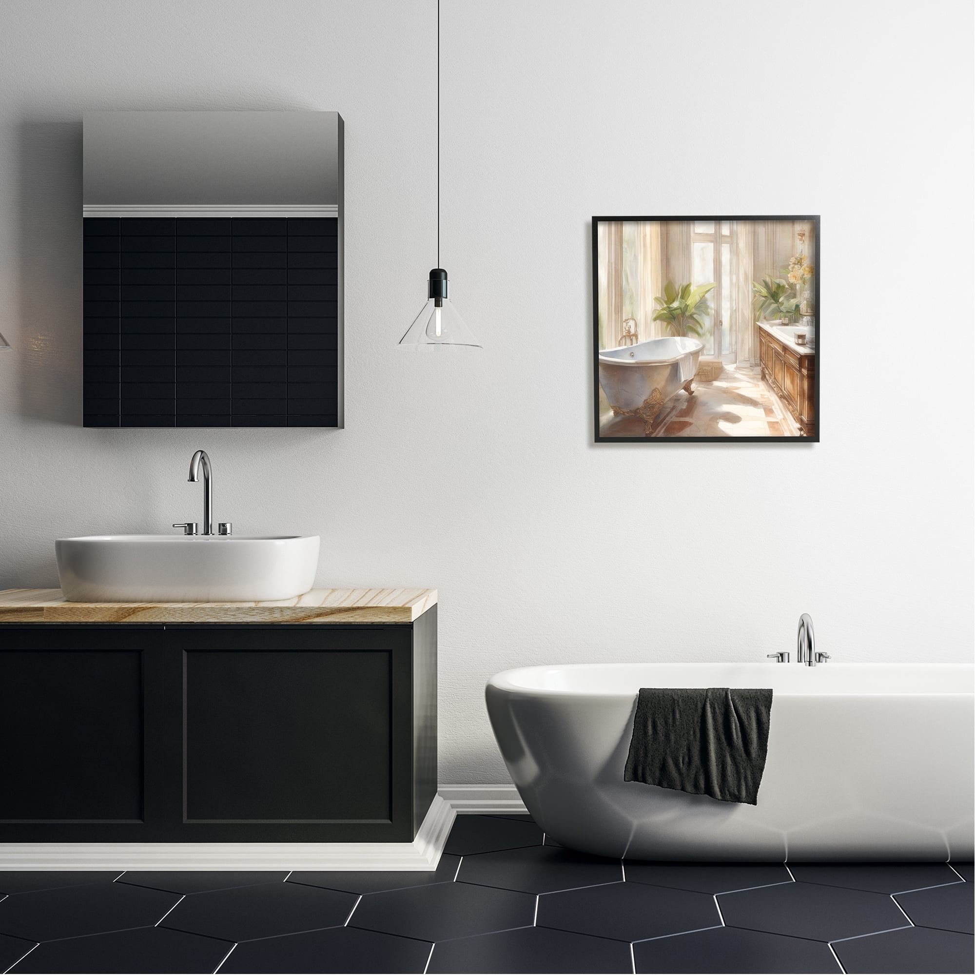 Stupell Industries Sunlit Bathroom View Botanical & Floral Painting Black Framed Art Print Wall Art, 24 x 24