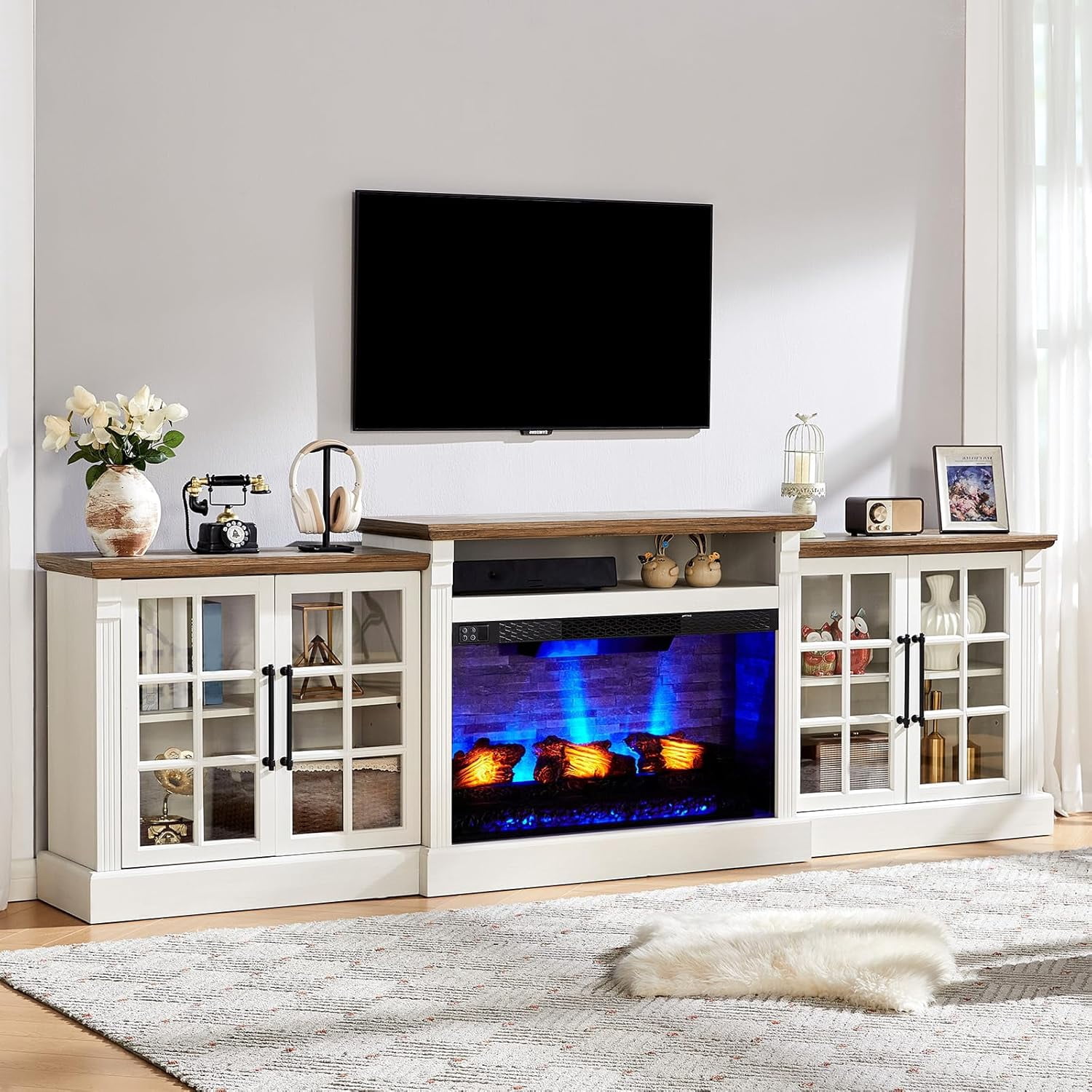 Merluxy 97" Farmhouse Fireplace TV Stand, Entertainment Center with Large Storage Space and Adjustable Shelf for Living Room, White