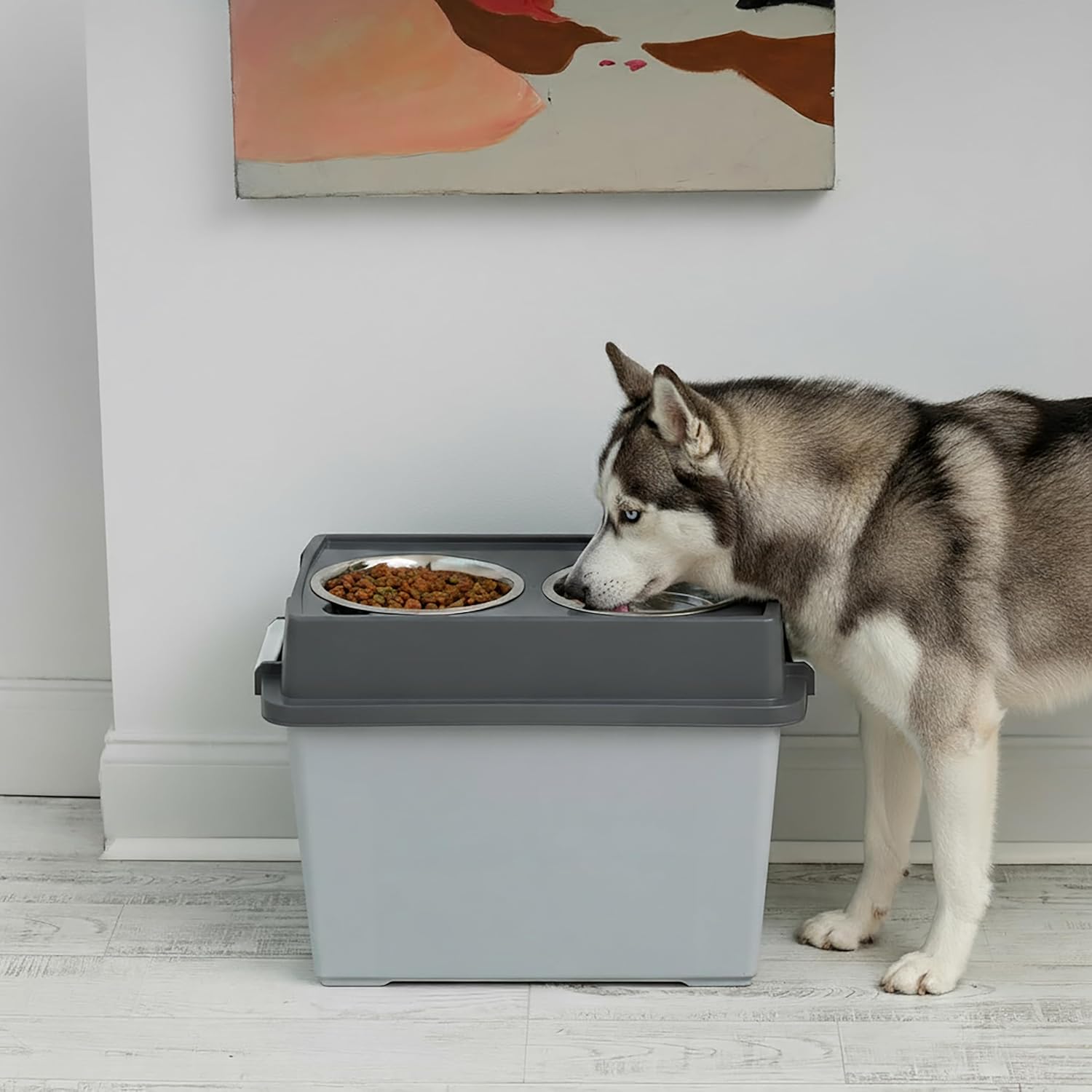 IRIS Elevated Dog Bowls, Airtight Pet Food Storage 47lbs, Dark Gray