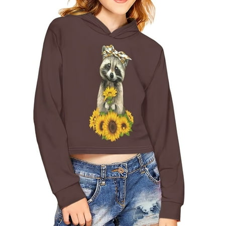 

Renewold Aged 11-12 Girls Cropped Hoodie Casual Workout Running Crop Long Sleeve Tops Sweatshirt Sunflower Raccoon Graphic Shirts Breathable Comfortable Short Blouse