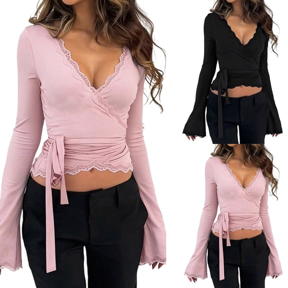 Tqyyweavej Womens Tie Side Wrap Tops Lace Long Flare Sleeve Crop Cardigan Yoga Ballet Deep V Neck Cover up Tops Pilates Outfits