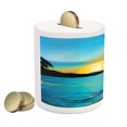 thumbnail image 2 of Sea Piggy Bank, Idyllic Sunrise Scenery Calm Seascape with a Fishing Boat Tranquility, Ceramic Coin Bank Money Box for Cash Saving, 3.6" X 3.2", Azure Blue Orange, by Ambesonne, 2 of 4