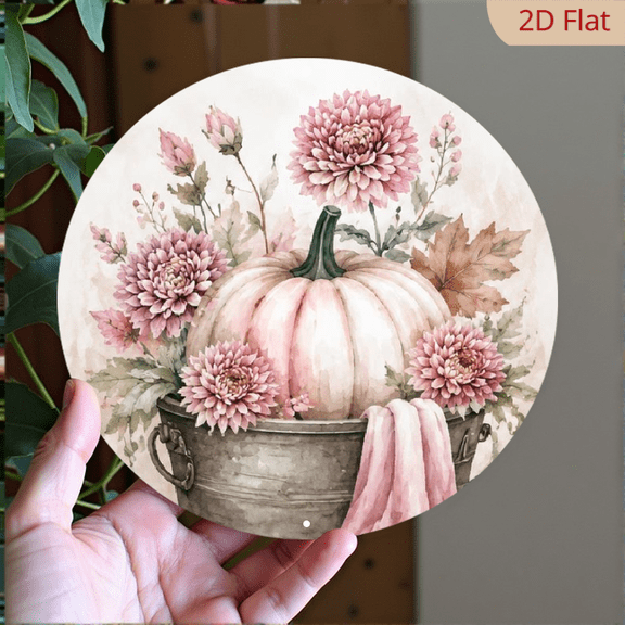 Classic Pink Pumpkin and Floral Aluminum Wall Decor Sign - 8 2D Round Metal Hanging Plaque, Weather-Resistant Multipurpose IndoorOutdoor Accent - Ideal for Home, Dorm, Festive Occasions, De