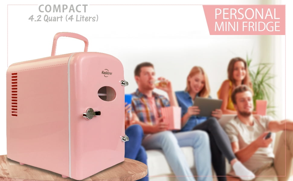 Koolatron 6 Can AC/DC Retro Mini Cooler Personal Mini Fridge Refrigerator, Pink