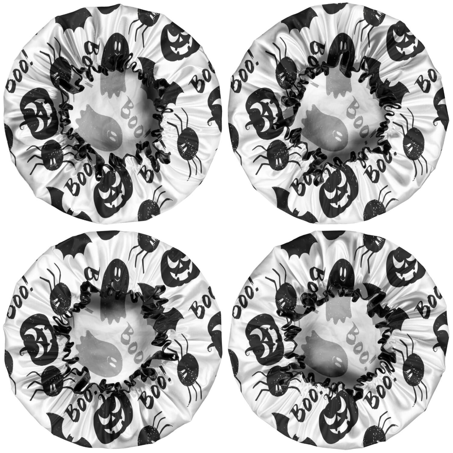 Shower Caps,Halloween Black Ghosts Bats and Pumpkins Waterproof Shower Cap for Women 4 Pieces,Double Reusable Hair Cover for Shower PEVA Elastic Stretch Hem