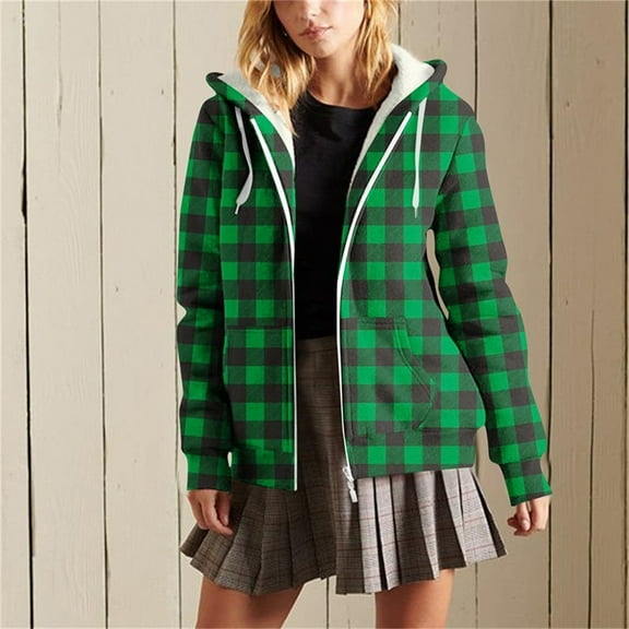 FDGIU Women's Plaid Flannel Shacket - Plus Size Fleece Lined Hooded Coat, Long Sleeve Button-Down Shirt Jacket, Oversized Flannel Hoodie, Warm Winter Zip-Up Coat