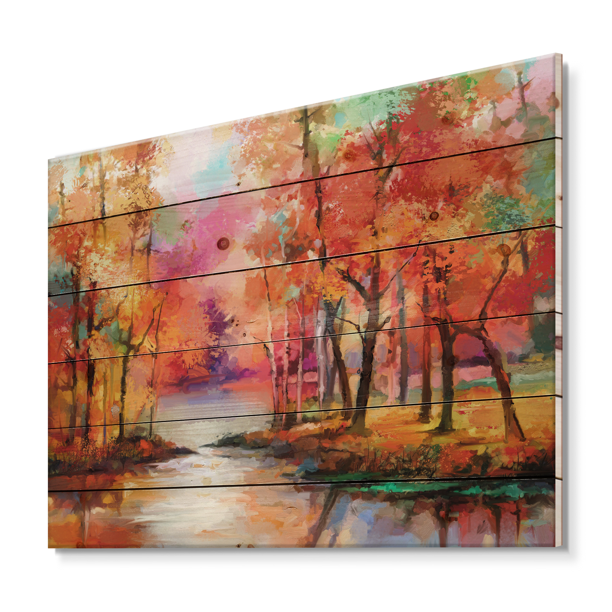 Designart 'The Lake In Autumn By Colorful Autumn Trees' Modern Print on Natural Pine Wood