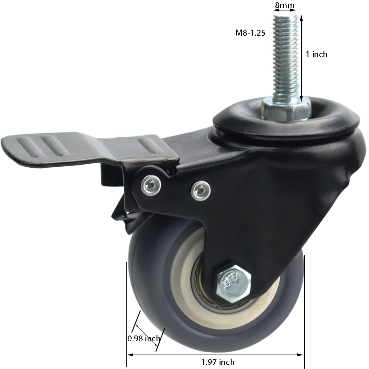 2 Inch Swivel Caster Wheels Set of 4, Metric M8-1.25 Threaded stem(Bolt Diameter 8mm, Length:1″) Durable Soft Rubber casters with Double Lock Mechanism, castors for Carpet Hardwood Floor