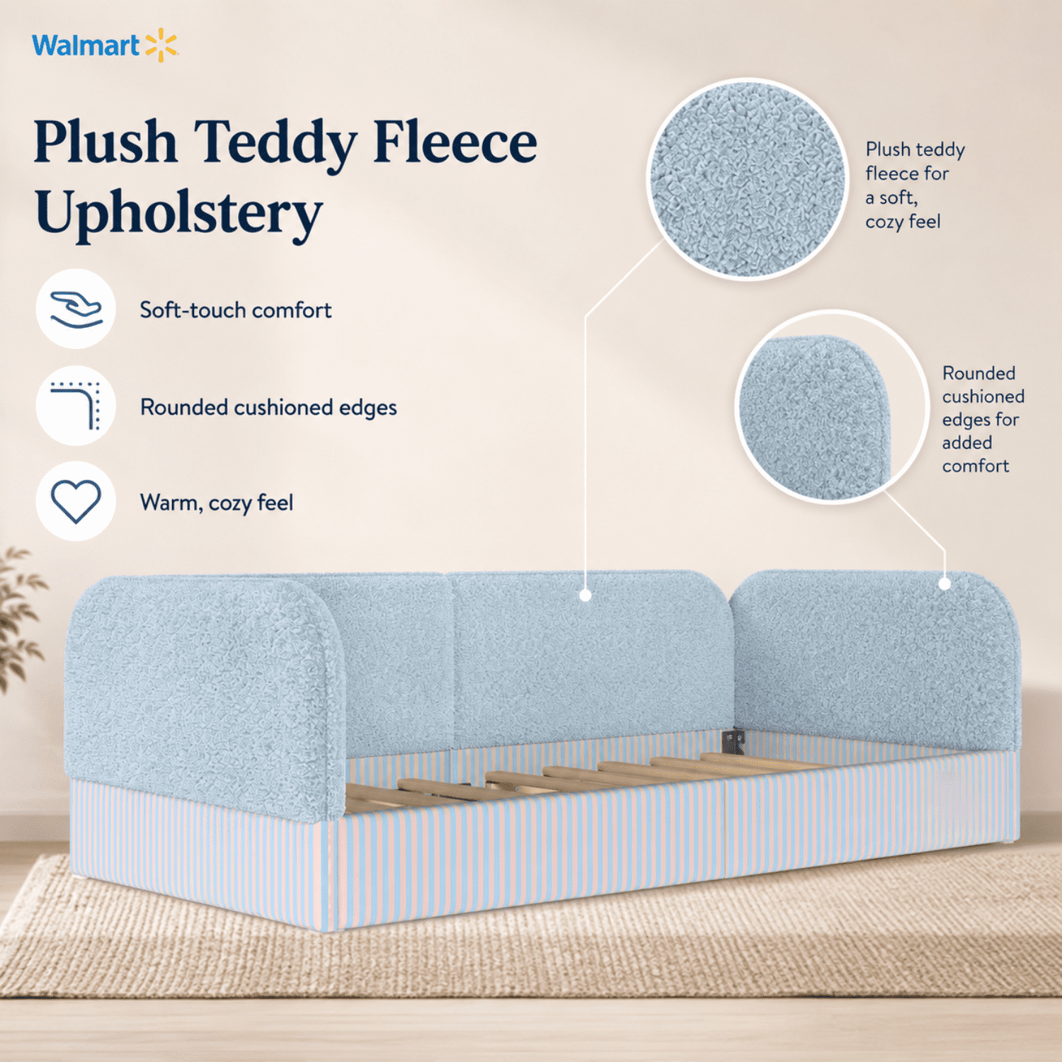 Miniyam Twin Kids Floor Bed with Padded Guardrails, Teddy Fleece Upholstered Montessori-Inspired Bed, Blue