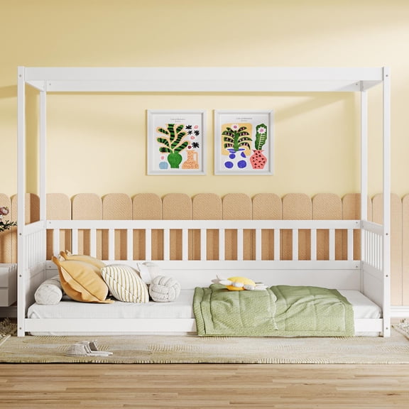 Canopy Bed Frame with Guardrails for Kids, Twin Size Floor Bed with Four Poster Design, White Pine Wood Montessori Bed, Low Profile Floor Bed with 21.45-Inch Guardrail