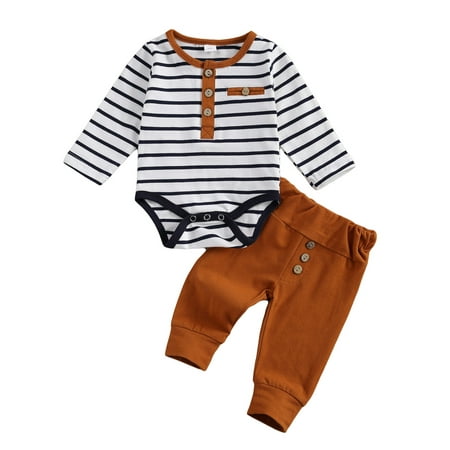 

Canrulo Toddler Baby Boys Long Sleeve Stripe Romper Solid Color Loose Pants Outfits Set Autumn Clothes Yellow 6-12 Months