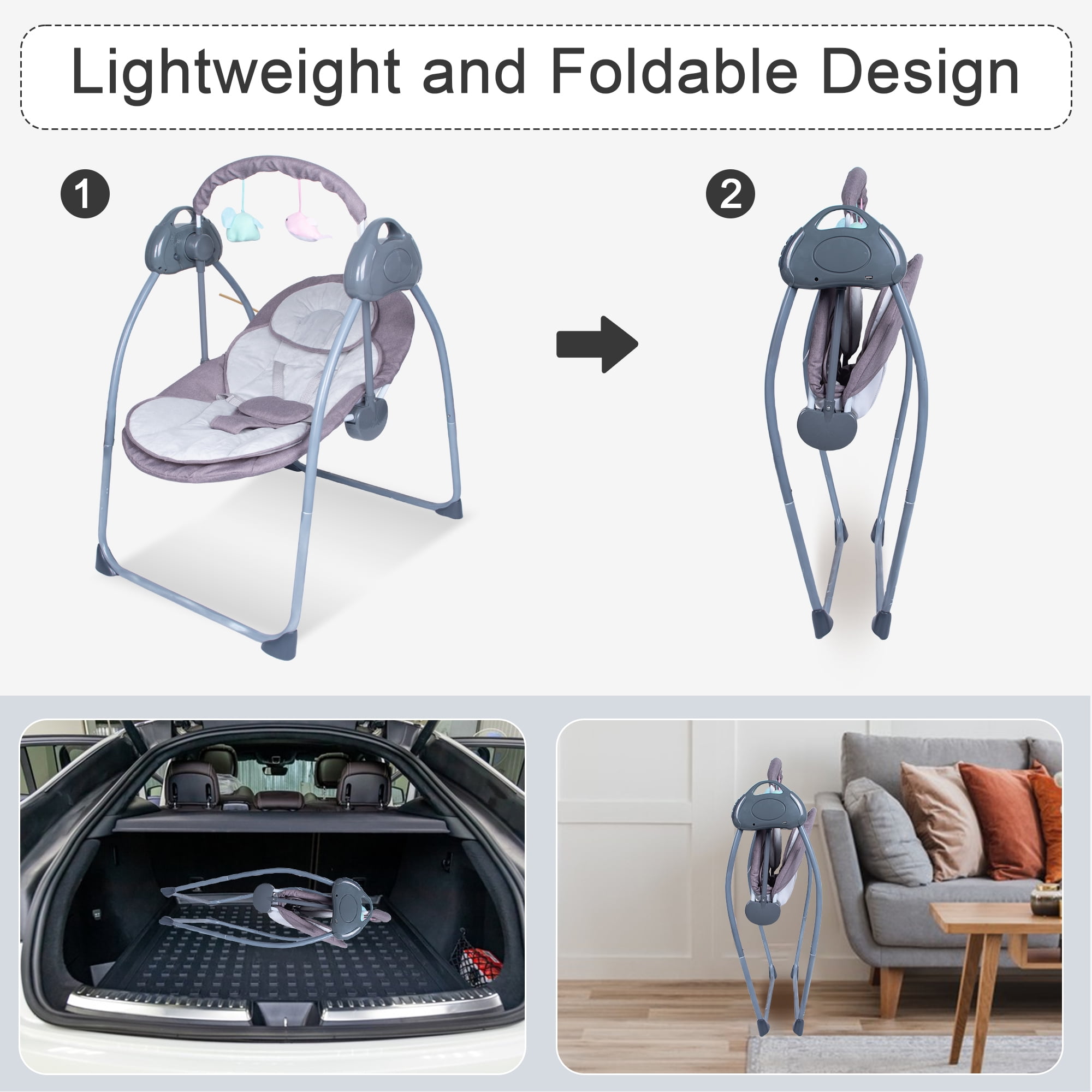 Yabanana Baby Swing with 5-Point Safety Harness, Bluetooth Control,5-Swing Speeds Settings & 3 Timing, Remote Control,(Gray)