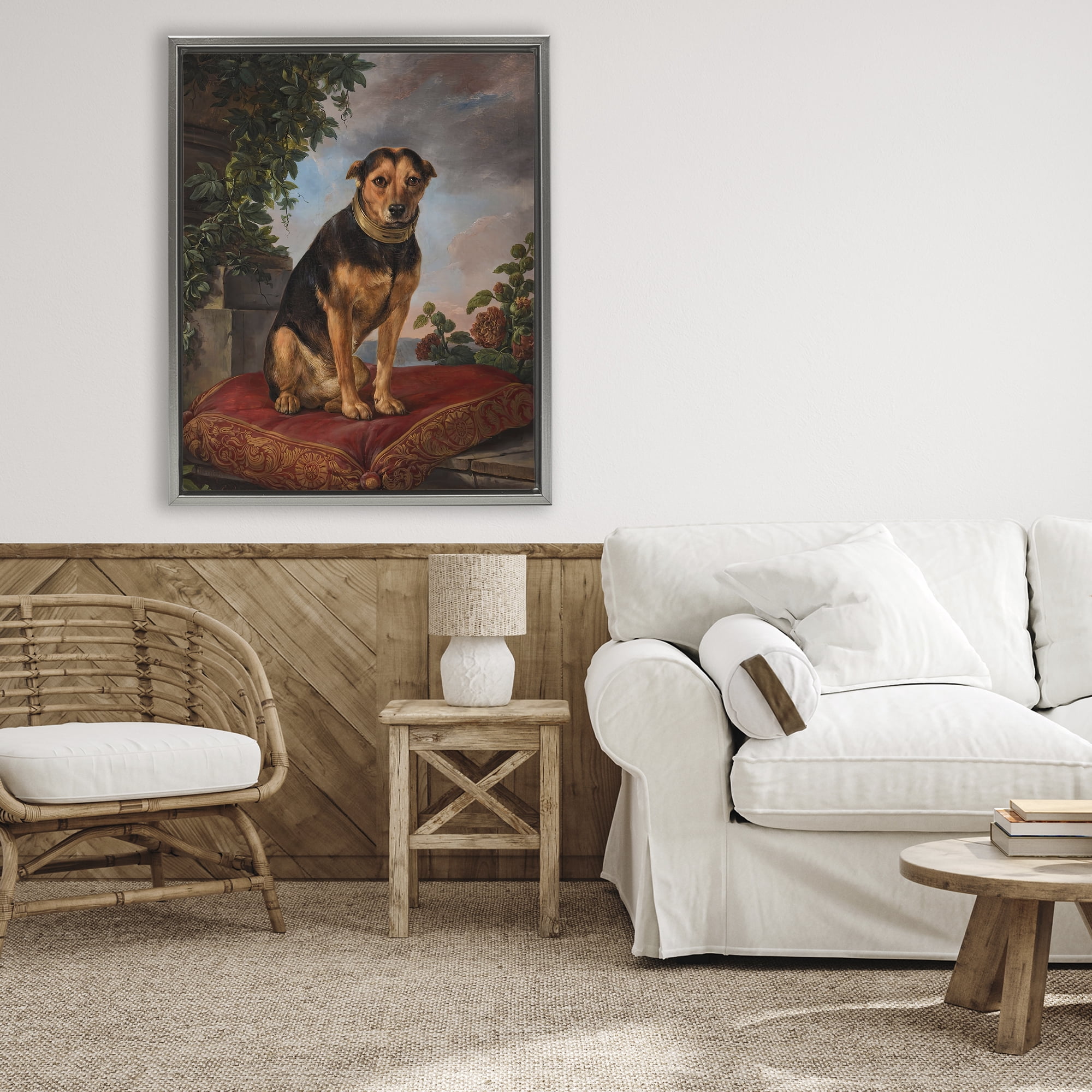 Stupell Industries Historical Dog on Cushion Gray Framed Floater Canvas Wall Art, design by Lil' Rue