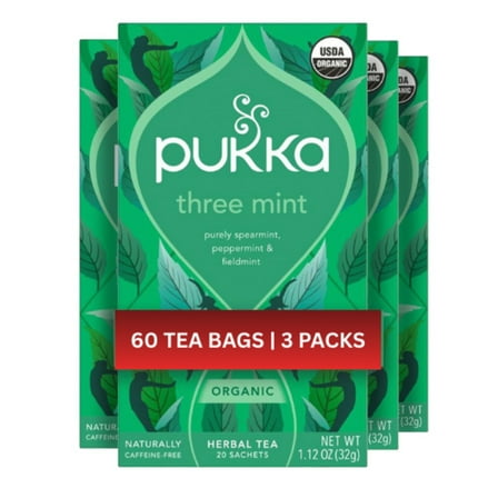 Pukka Herbal Organic Three Mint Tea Bags, 60 Count (20ct - Pack of 3), Caffeine-Free, USDA Organic