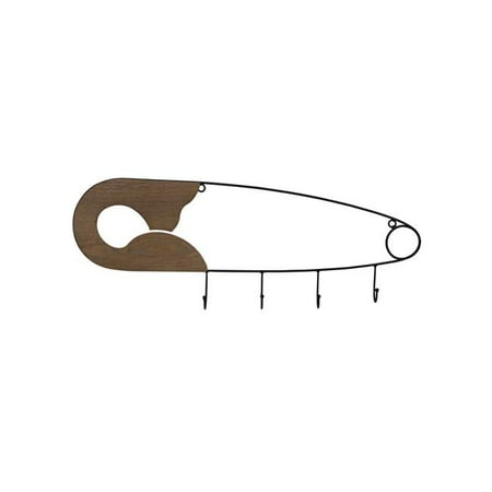 

HomeRoots 396722 Wood & Metal Safety Pin Wall Hooks Brown