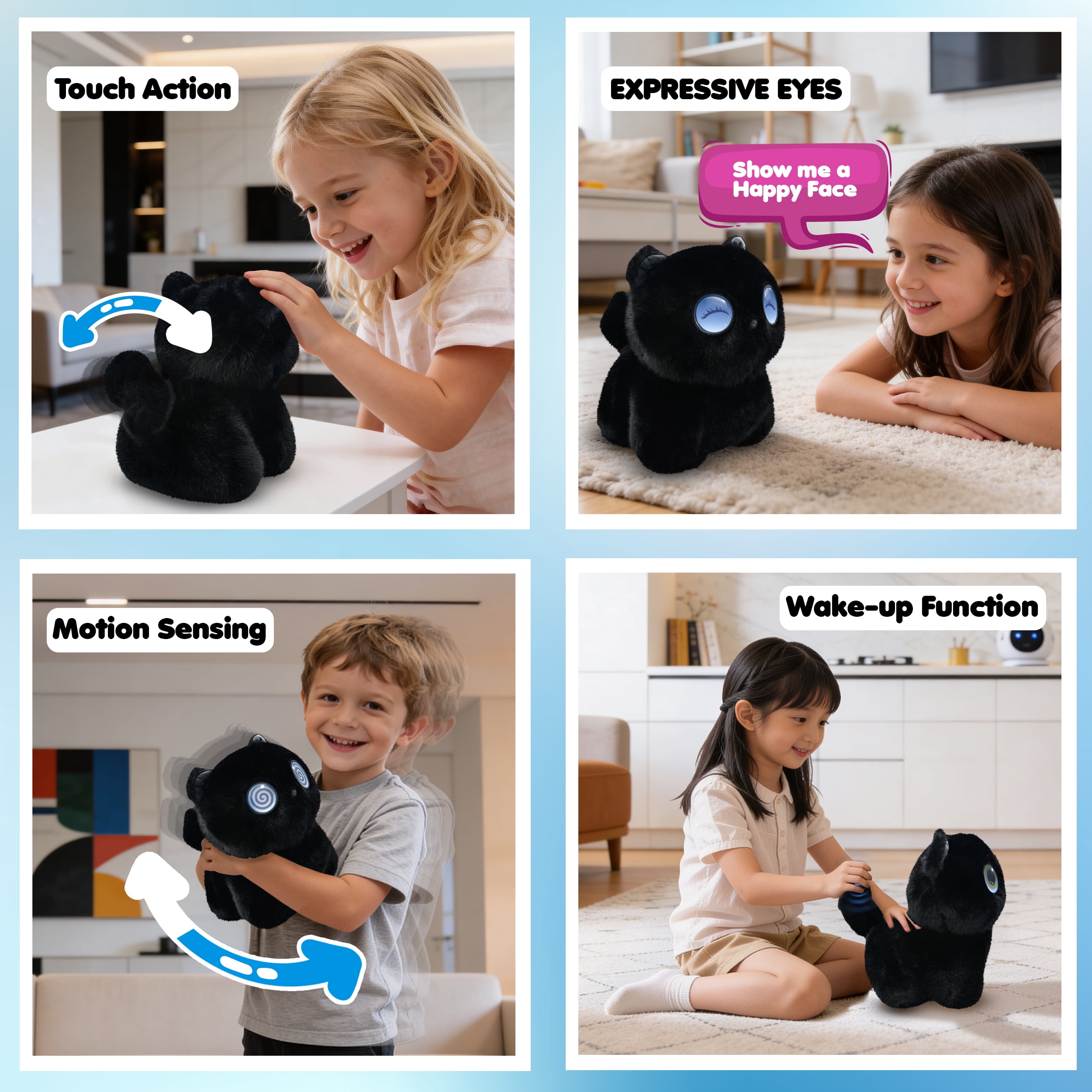 AI Pixie Paw Smart Interactive Plush Cat Voice Responsive Touch Activated Expressive Eyes AI Companion Stuffed Animal for Kids and Pet Lovers, Black