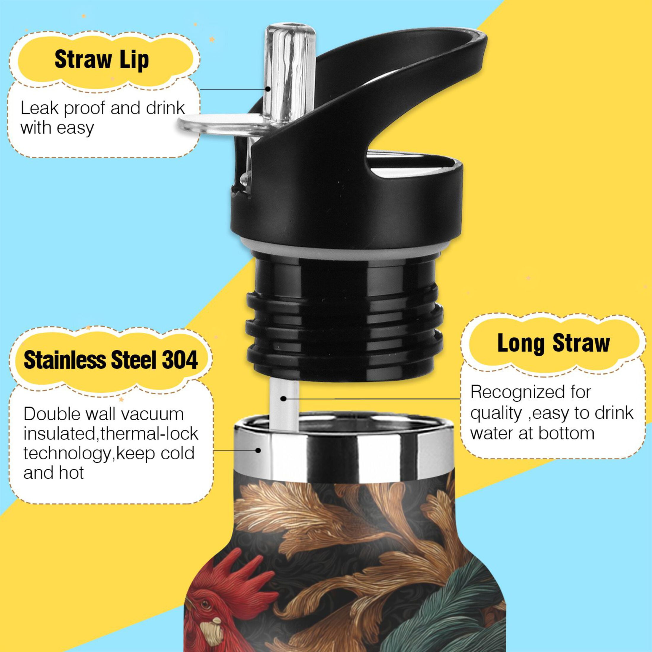 600ML Stainless Steel Insulated Cup Sports Water Bottle Portable Thermos Cup Water Glasses Insulated Tumblers Convenient and Durable Beautiful Big Rooster
