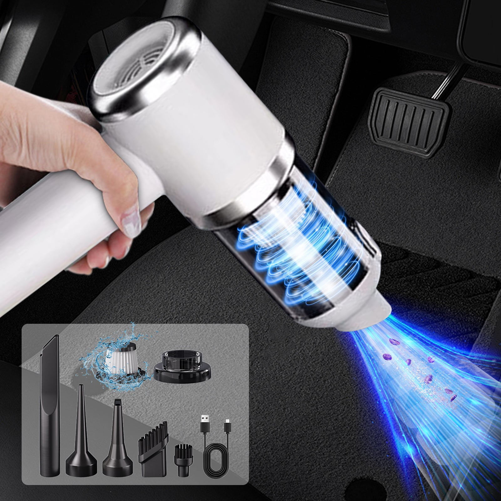 Rechargeable Handheld Vacuum Cleaner - 120W High Power 5000PA Suction, 4000mAh Battery - USB Portable Car & Home Vacuum with 6 Attachments for Pet Hair/Dusts (0.88lbs, White)