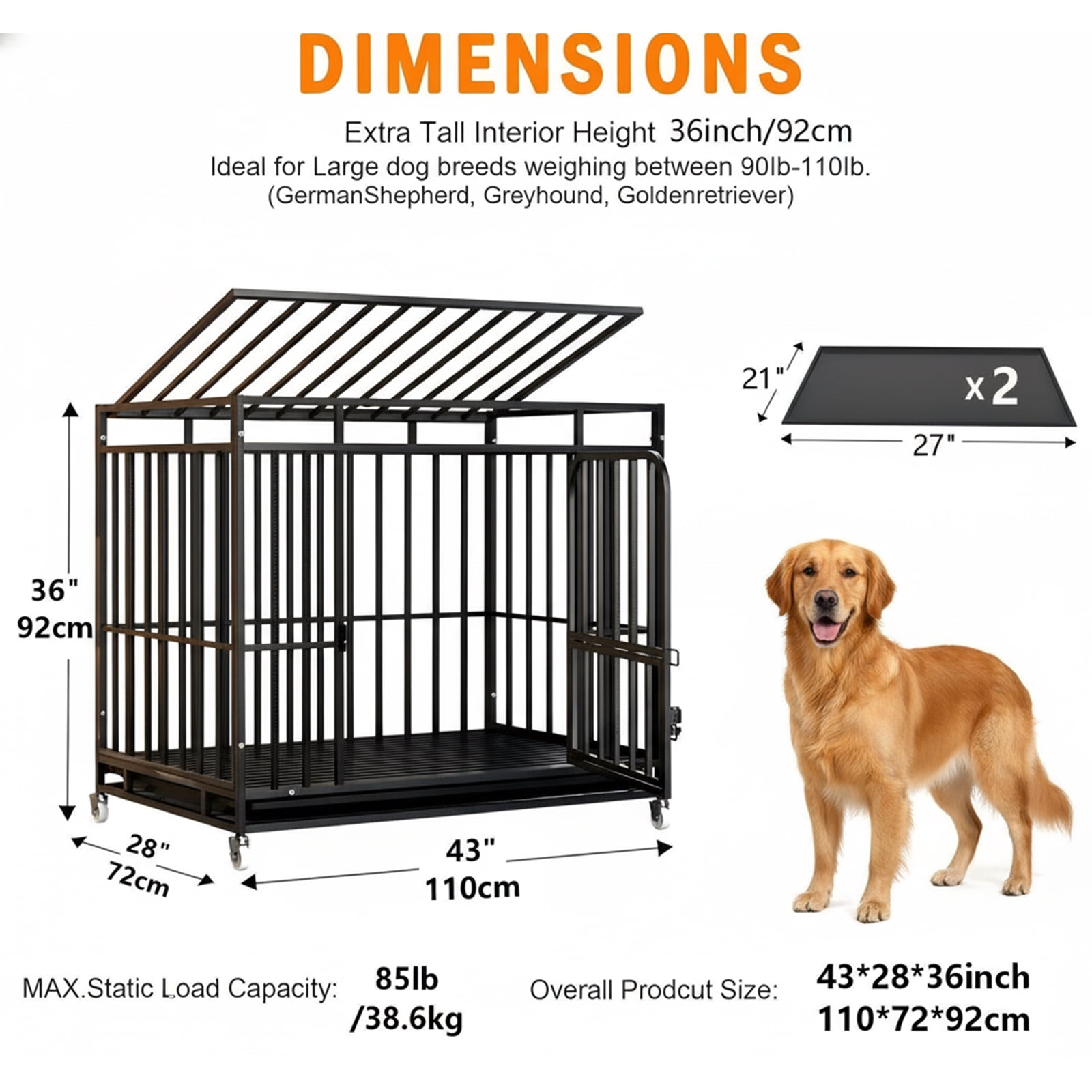 Heavy Duty Dog Crate for Large Dogs, Indestructible Metal Dog Kennel with Open Top & Feeding Door, Thick Tube Cage with Wheels for Pet Comfort, Dog Accessories, Jaula Para Perros