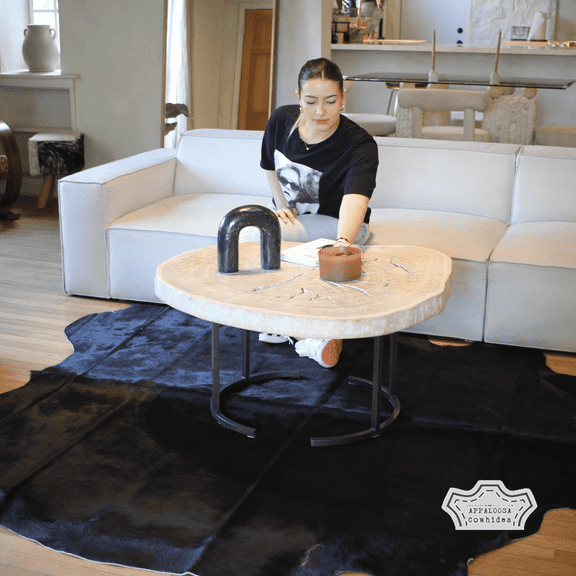 Solid Black Cowhide Rug, 5x7 ft, Genuine Leather, Natural Cowhide for Modern & Rustic Decor