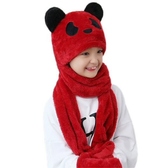 Kids Baby Winter 3 In 1 Hat Scarf Gloves Set Cute Panda Ears Plush Hoodie Cap