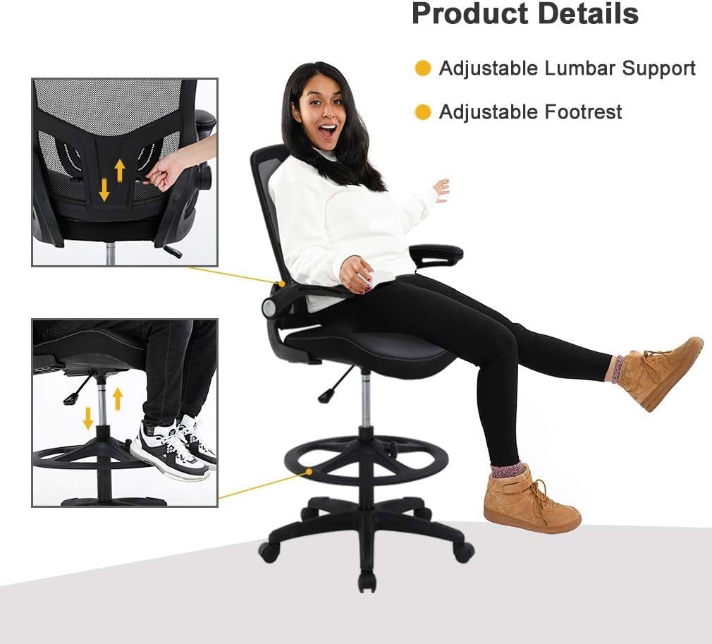 PayLessHere Ergonomic Tall Office Chair ，Adjustable Height Mesh Desk Chair Drafting Stool，Black