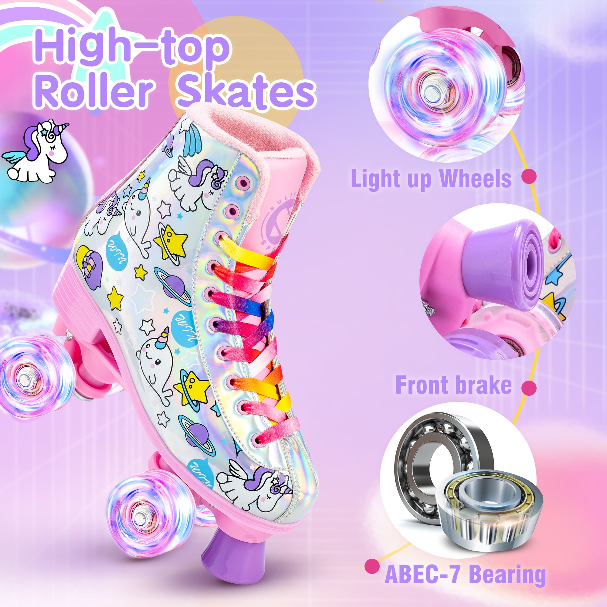 Roller Skates for Girls Light up Wheels Kids with High Top Reflective TPU Leather Rainbow Unicorn