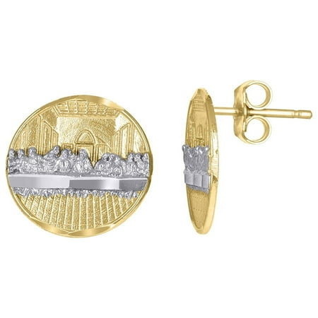 Auriga Fine Jewelry 10K Two-Tone Gold Textured Last Supper Religious Round Stud Earrings for Men